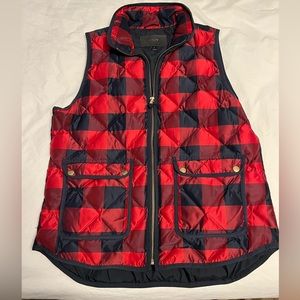 JCrew buffalo plaid puff vest with gold detail